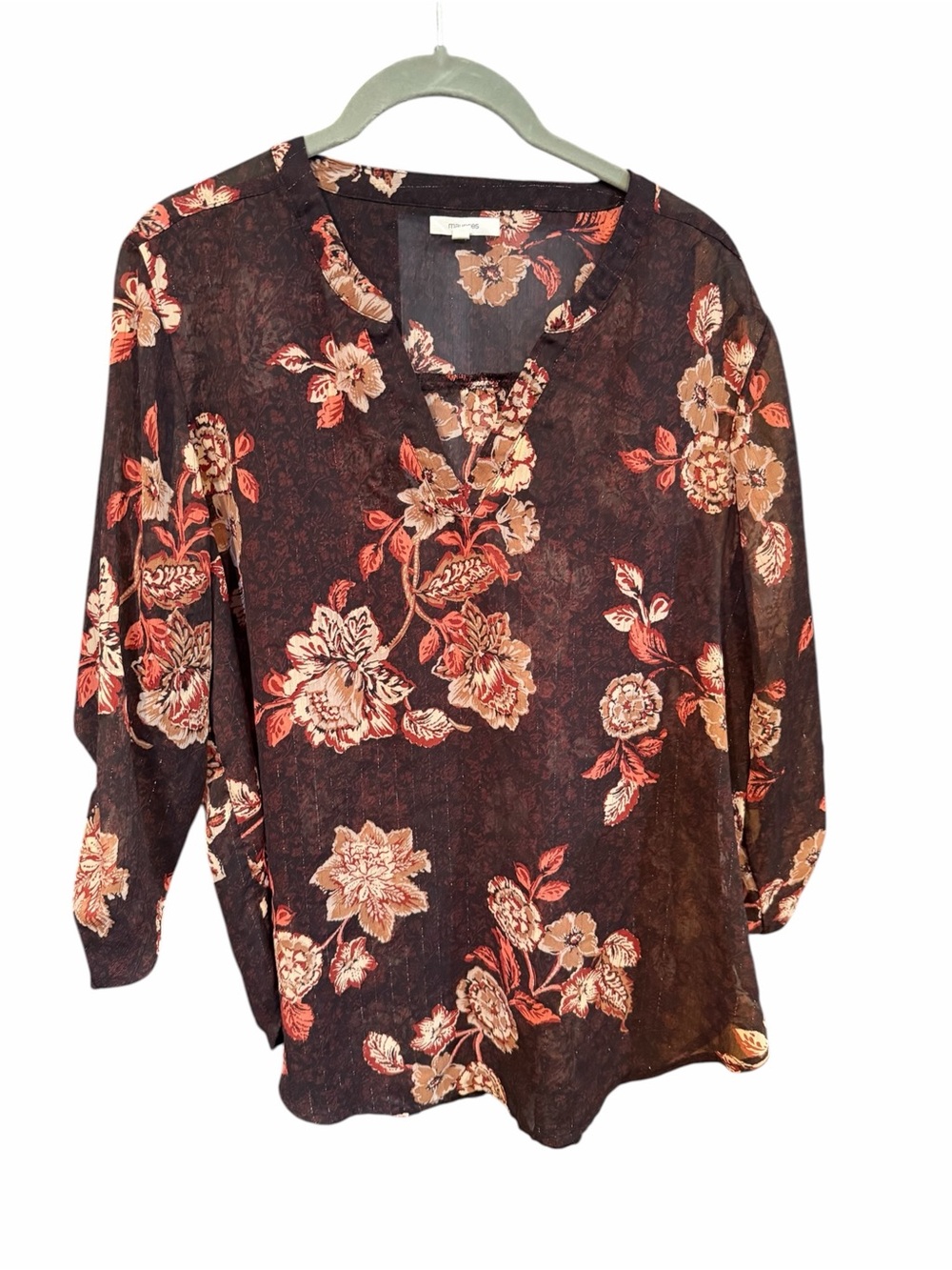 Floral V-Neck Long Sleeve Top - Black sheer  Floral